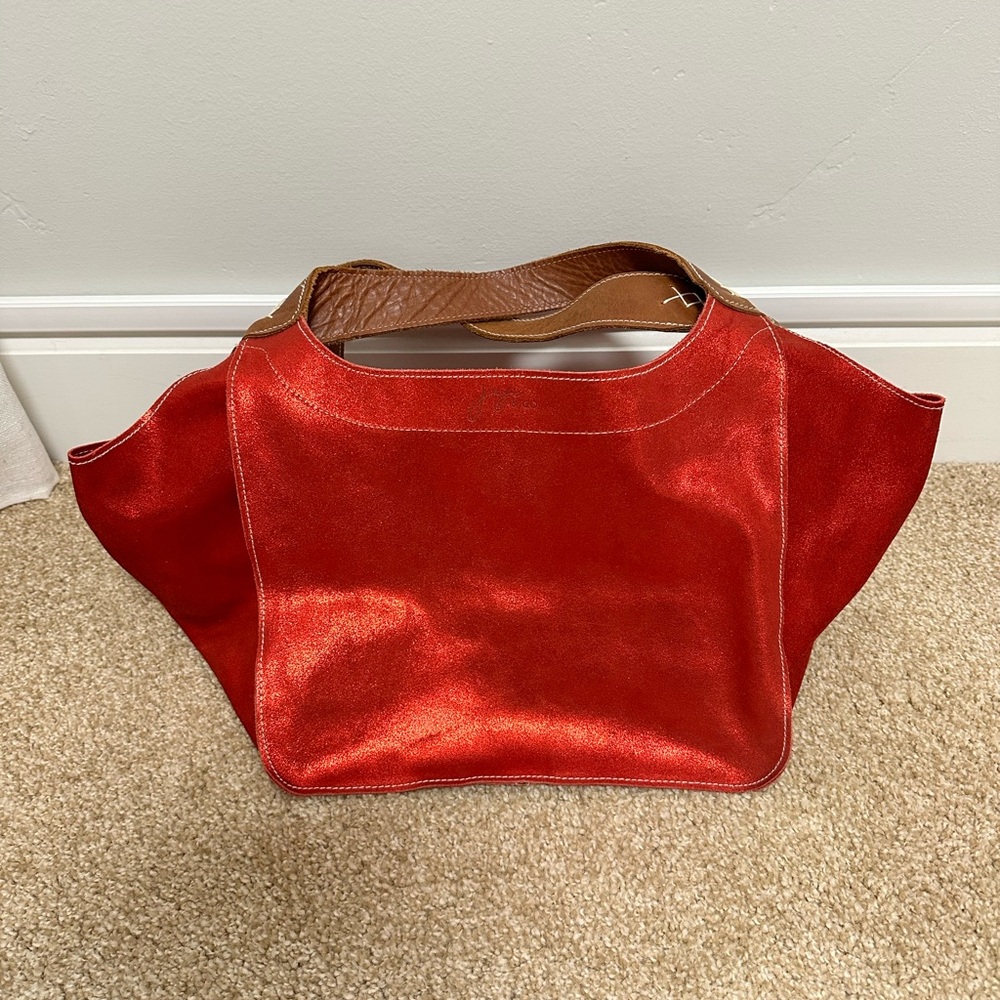 Red Shoulder Tote Bag with Brown Handles